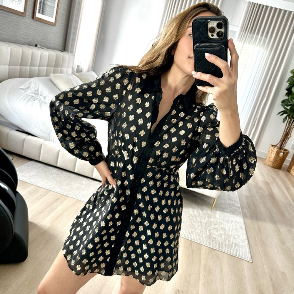 Zara Black and White Wrap Dress with Bishop Sleeves